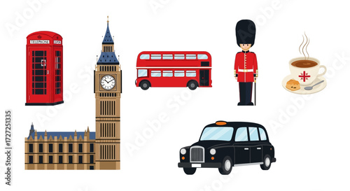 Iconic symbols of London and British culture presented in a flat vector art collection, showcasing famous landmarks, traditional transport, and English tea