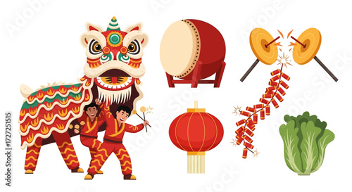 Vibrant Vector Illustration of a Chinese New Year Celebration with Lion Dance Performers, Drum, Lantern, Firecrackers, and Festive Symbols, Showcasing Cultural Traditions