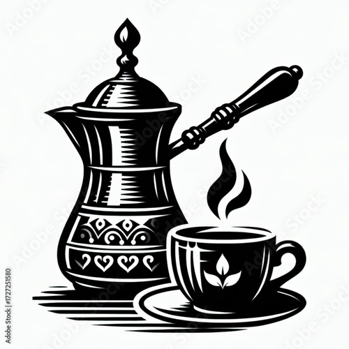Vintage Turkish coffee pot with steaming cup black vector icon with transparent background 