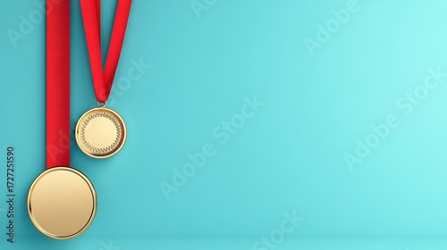 Gold medals with red ribbons on blue background