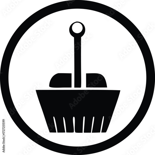 Simple black icon of a dustpan and brush inside a circle symbolizing cleaning and tidiness for household or professional use