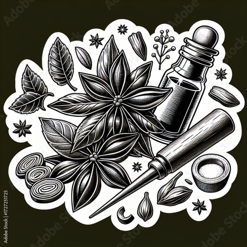 Star anise spice with leaves black vector icon with transparent background 