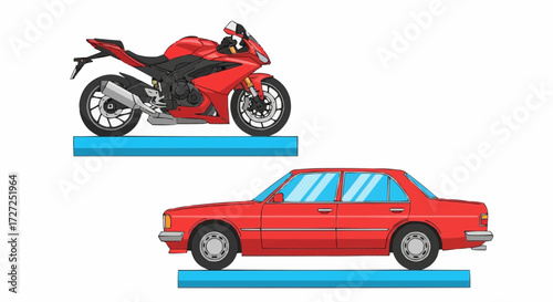 A red sports motorcycle and a red sedan car, two modes of transportation, are shown side by side, indicating comparison