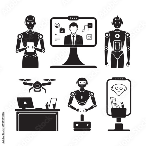Vector art of compilation of robot and technology icons including humanoid robots, a drone, computer setup, and digital display