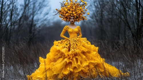 Yellow floral gown fashion model winter outdoors portrait