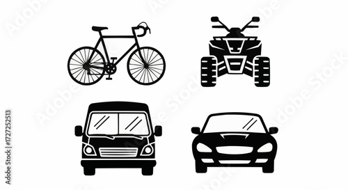 Set of various modes of transportation including a bicycle, quad bike, van, and car, presented as simple black and white vector illustrations for diverse design applications