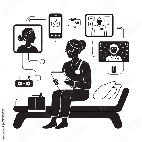 Vector art of doctor consulting with patient remotely via video call on tablet, telemedicine and online consultation concept