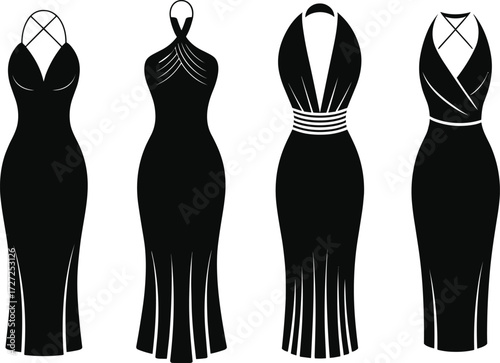 Black silhouette evening gowns with varied necklines, elegant fashion illustration, halter, keyhole, plunging, and V-neck styles, formal dress design for stock content
