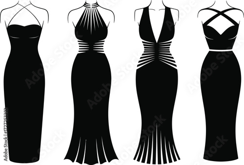 Black silhouette evening gowns on mannequins, elegant fashion illustration, diverse neckline styles, formal dress design, stylish bodice variations for stock content and fashion templates