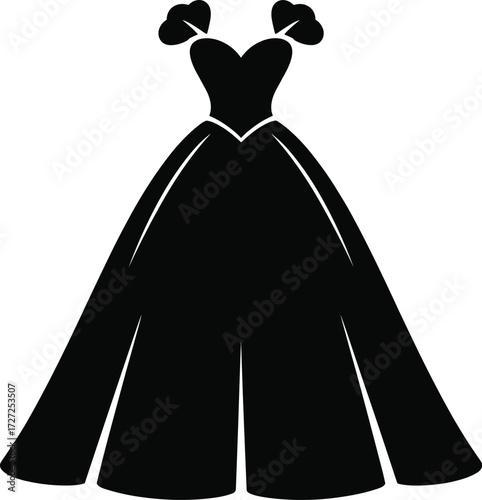 Black silhouette ball gown with sweetheart neckline, puffed sleeves, voluminous skirt, elegant fashion illustration, formal dress design for stock content and costume templates