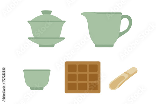 Traditional Chinese tea ceremony set with gaiwan, pitcher, cup, tea scoop, and a square waffle