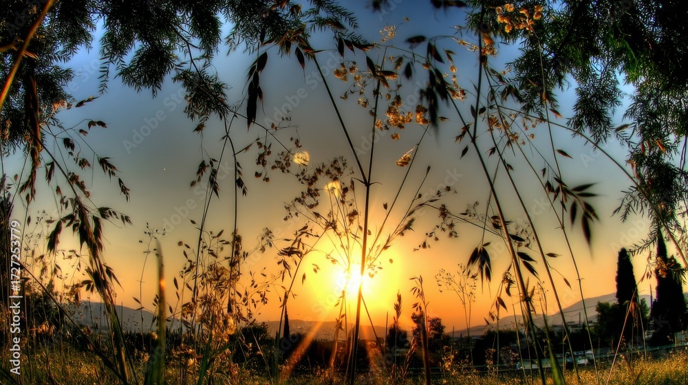 Obraz premium Sunset over a field of wildflowers countryside nature photography serene atmosphere low angle beauty of nature