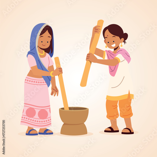 Two young girls, one with dark skin and wearing a traditional pink and white outfit with a blue scarf, and the other with medium skin in a white top and orange pants, are joyfully using wooden mortar.