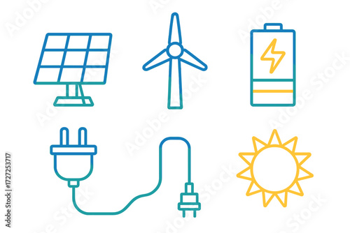 Sustainable energy generation and consumption symbols with solar panels, wind turbines, and electric power elements