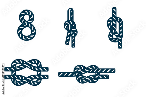 Set of various nautical rope knots and sailing cordage symbols for marine, climbing, and outdoor activities