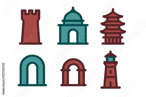 Vibrant architectural icons collection featuring castle tower, pagoda, lighthouse, and classic archways