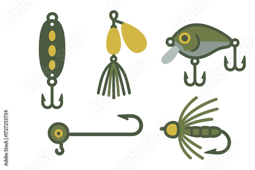 Collection of fishing lures and tackle for recreational angling, featuring various types of bait and hooks