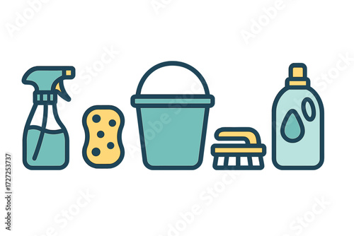 Essential household cleaning tools and products for domestic hygiene including spray bottle, sponge, bucket, brush, and detergent