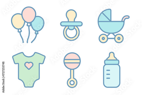 Collection of essential baby items including balloons, pacifier, stroller, bodysuit, rattle, and feeding bottle
