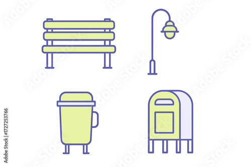 Essential outdoor public space amenities set featuring a park bench, street lamp, trash can, and mailbox for urban environments