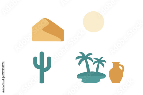 Stylized desert and tropical icons including a sand dune, sun, cactus, palm island, and jug