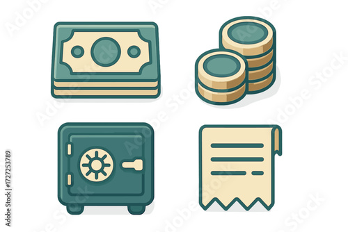 Collection of financial icons featuring banknotes, stacked coins, a secure safe, and a paper receipt, representing banking, savings, and transaction concepts