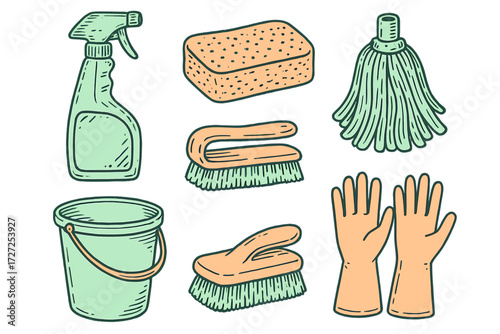 Assortment of essential household cleaning tools and equipment for domestic hygiene and maintenance tasks