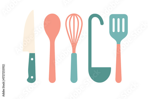 Minimalist graphic design of essential kitchen cooking utensils and tools for culinary tasks and food preparation