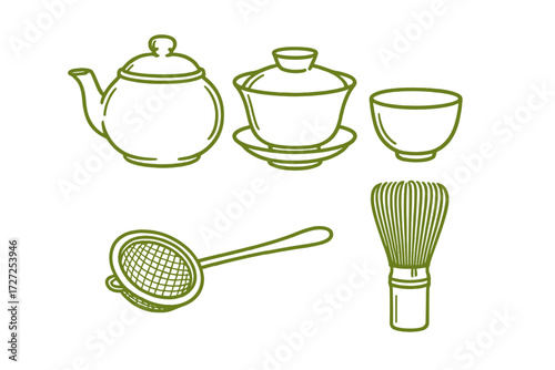 Traditional tea ceremony tools and accessories including teapot, gaiwan, whisk, tea bowl, and strainer for hot beverages