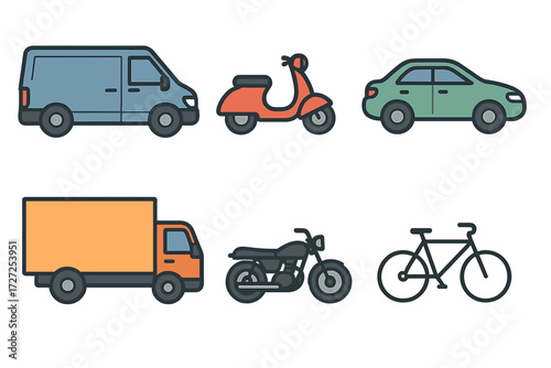 Collection of diverse land transportation vehicles including cars, vans, trucks, motorcycles, scooters, and bicycles, representing various modes of urban mobility and logistics