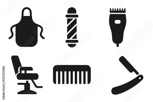 Barber shop tools and equipment including apron, barber pole, hair clipper, barber chair, comb, and straight razor