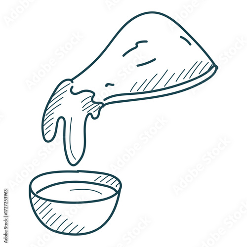 Nachos with sauce doodle icon vector isolated. Hand-drawn illustration of a Mexican snack. Concept of fast food. Spicy sauce in the bowl.