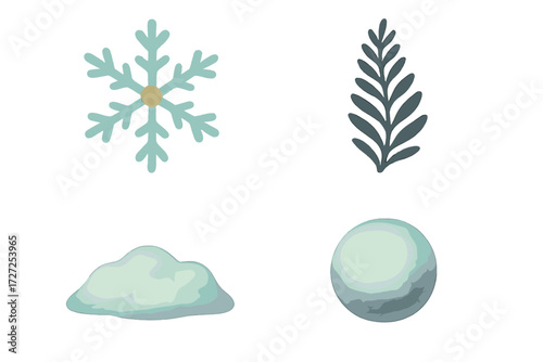 Winter season elements: delicate snowflake, green pine branch, soft snowdrift, and round snowball
