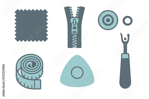 Essential sewing and tailoring tools set with fabric swatch, zipper, buttons, tape measure, chalk, and seam ripper