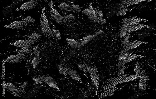 Dynamic white flowing particles forming a futuristic digital mesh wave over dark black background