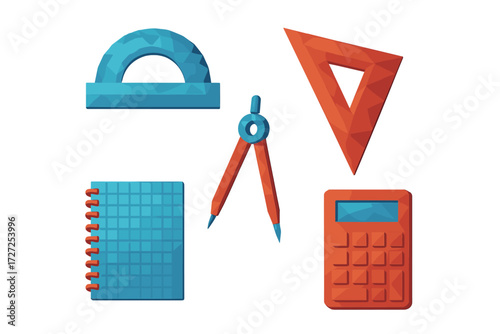 Essential school supplies and geometric measurement tools