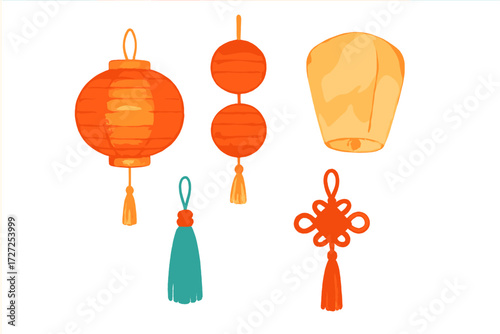 Traditional Chinese New Year decorations featuring festive paper lanterns, sky lanterns, and lucky knots with decorative tassels