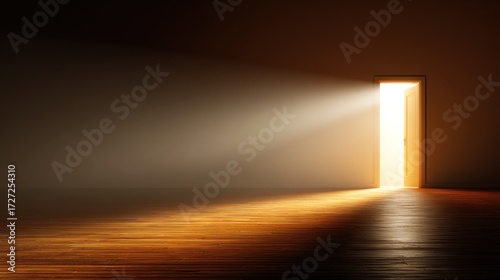 A wooden floor with a bright light shining through an open door.