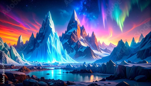 Vibrant, icy mountains under a spectacular aurora borealis