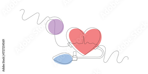 Continuous one line drawing Heart compressed by a tonometer. Increased blood pressure. World Hypertension Day.