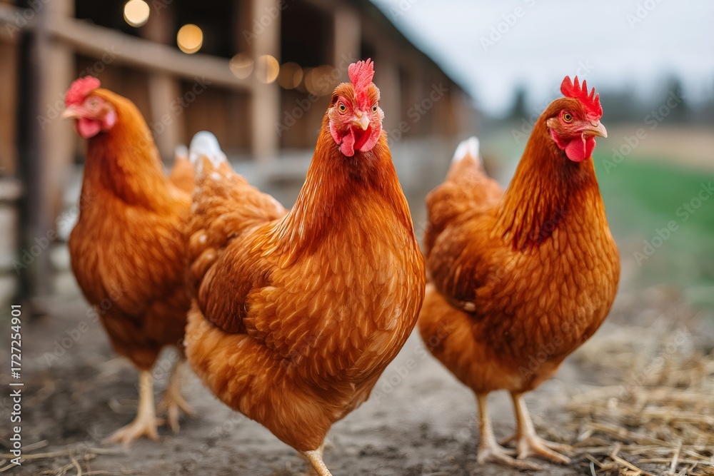 Fototapeta premium Free range chickens standing on a rural farm