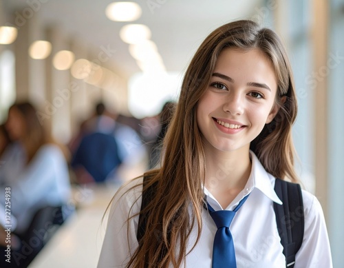 a pure female student with long hair