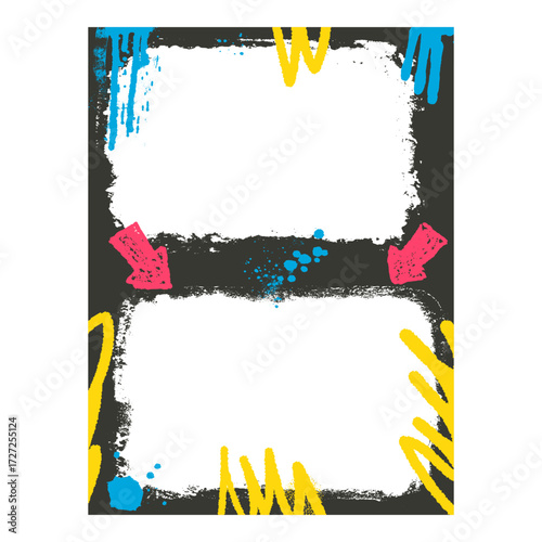 Grunge diptych frame template with colorful arrow and aerosol paint. Graffiti spray art background. Border with airbrush lines. Vector hip hop wall cadre.