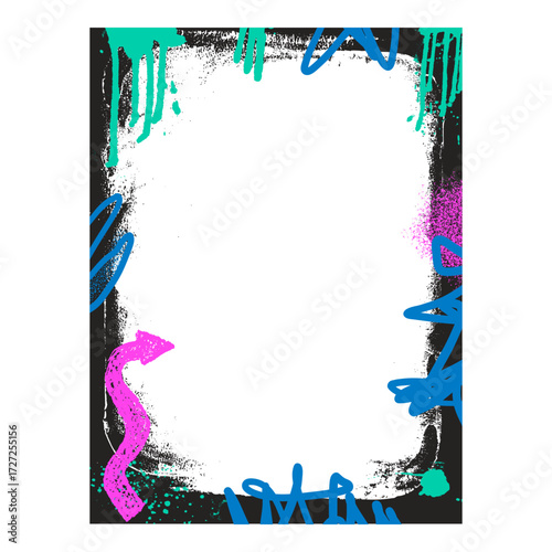 Grunge photo frame template with arrows and aerosol paint. Graffiti spray background. Border with airbrush. Vector hip hop wall cadre.
