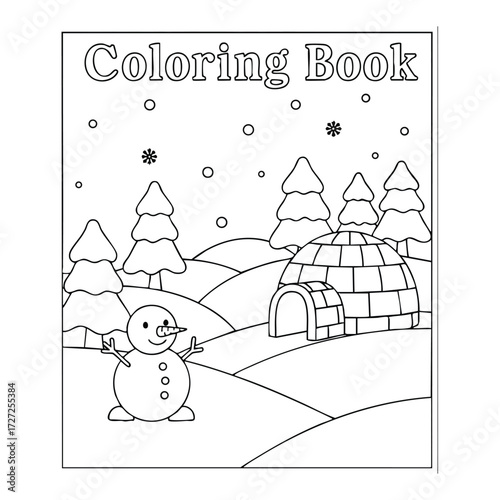 A delightful winter scene featuring a snowman, an igloo, and evergreen trees in a snowy landscape for coloring.