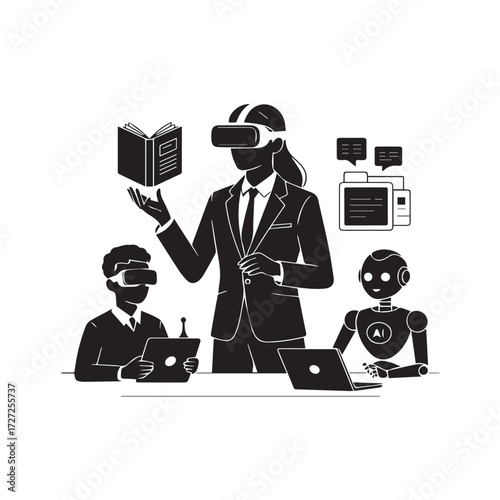 Vector art of people using virtual reality headsets and interacting with technology, including a robot and laptop