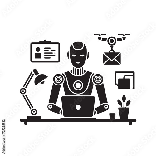 Vector art of robot working on a laptop with a drone delivering a package and a plant on the desk