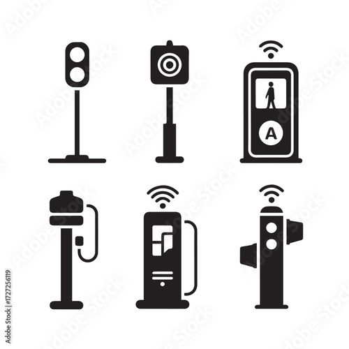 Vector art of set of black icons depicting smart city infrastructure and technology elements