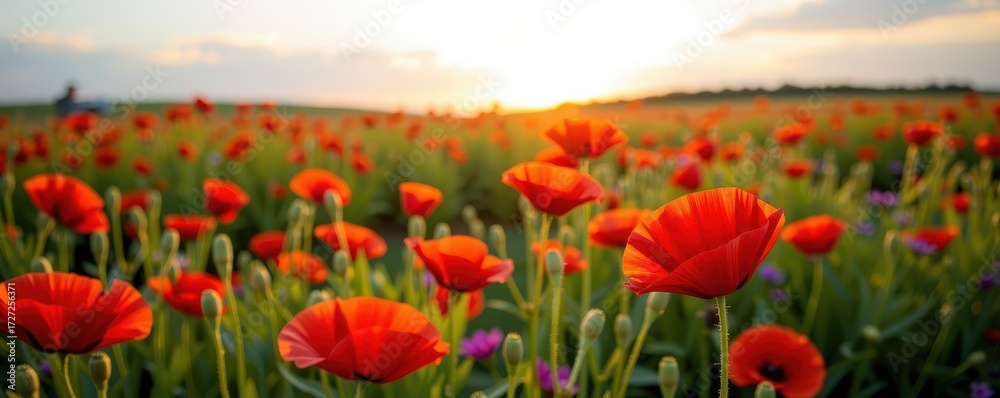 Obraz premium Vibrant red poppies sway gently in a sun-drenched field, bathed in warm golden light, creating a breathtaking natural scene, red, countryside