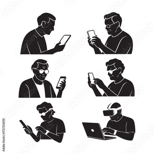 Vector art of set of six black silhouette icons depicting people interacting with technology, including smartphones, tablets, and virtual reality headsets
